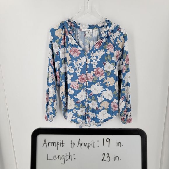 Alex & Jordan Blouse Womens Small Floral Blue Ruffle V Neck - Picture 9 of 10
